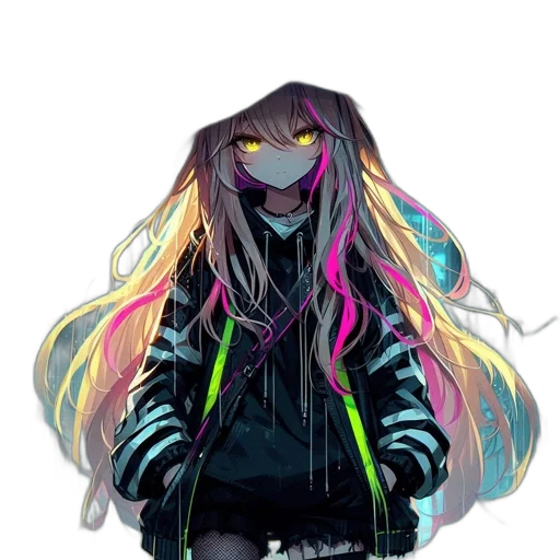 jacket, hair, mask, staff, cyberpunk, pixel art, vaporwave, anime transparent PNG cut-out