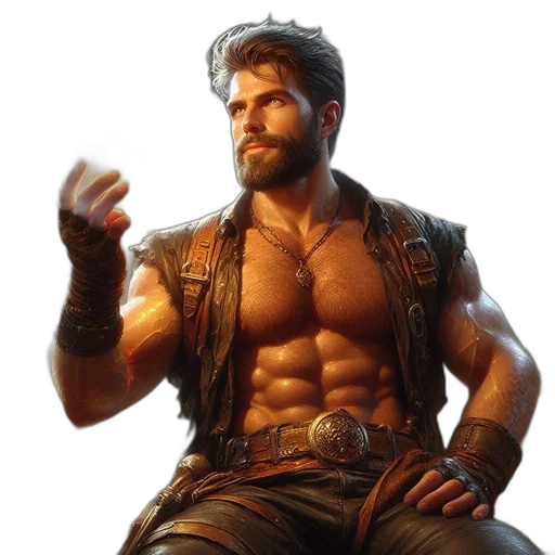 concept art, 3d render, fantasy art, photorealistic, muscular, man, beard, holds transparent PNG cut-out