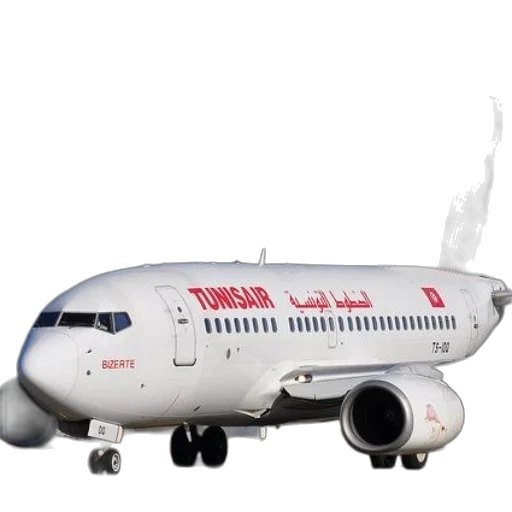 3d render, photorealistic, concept art, tunisair, airplane, runway, clear, blue transparent PNG cut-out