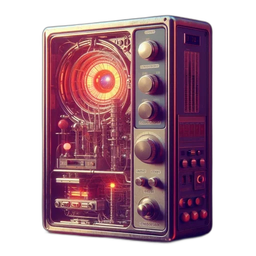 robot, weapon, cyberpunk, 3d render, concept art, pixel art, outer space, vintage transparent PNG cut-out