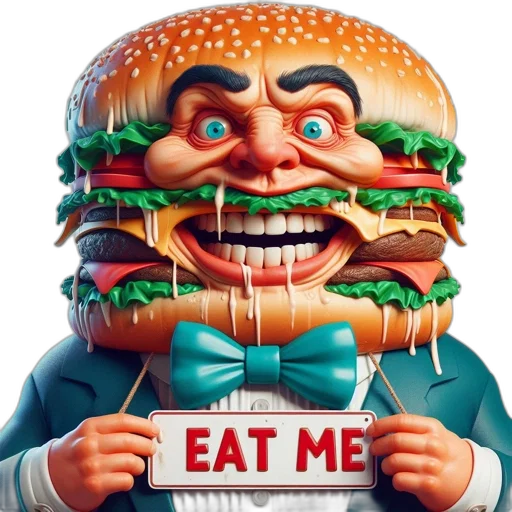 food, face, concept art, photorealistic, 3d render, work, anthropomorphic, hamburger transparent PNG cut-out