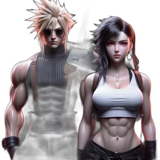 concept art, cyberpunk, comic book art, fantasy art, two, muscular, characters, one transparent PNG cut-out