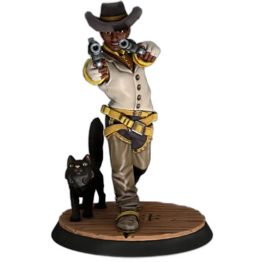 concept art, 3d render, cowboy, figurine, black, cat, wooden, platform transparent PNG cut-out