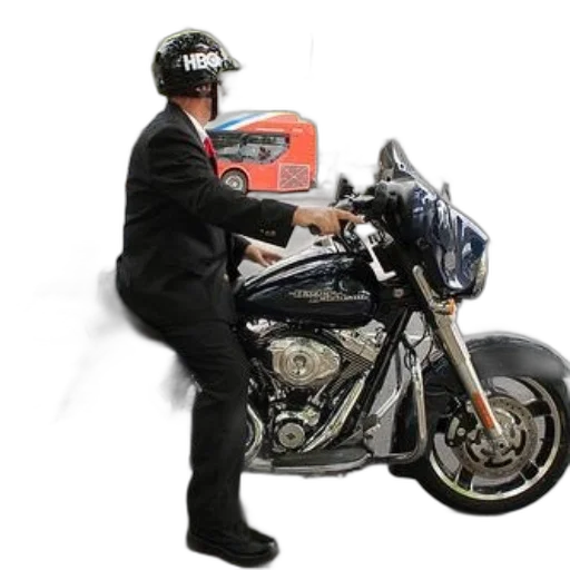 photorealistic, 3d render, concept art, man, suit, helmet, rides, harley-davidson transparent PNG cut-out