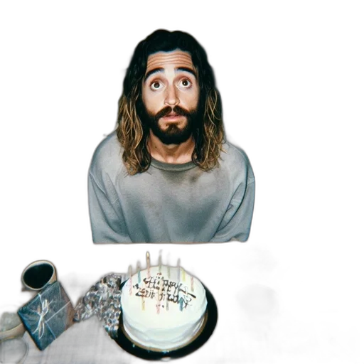 jacket, food, face, hair, man, long, beard, sits transparent PNG cut-out
