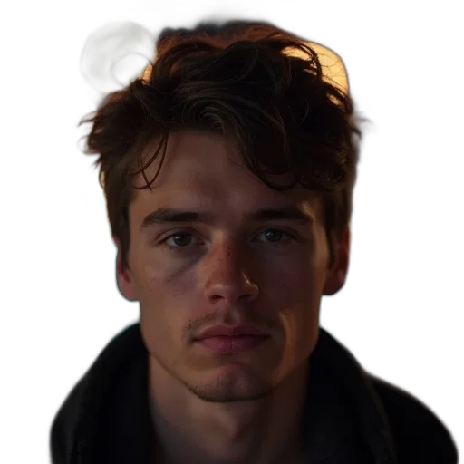 face, jacket, hat, hair, photorealistic, oil painting, concept art, 3d render transparent PNG cut-out