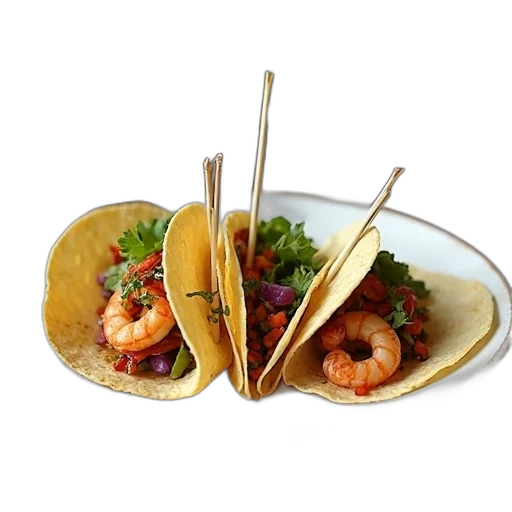 food, plate, three, tacos, various, fillings, including, shrimp transparent PNG cut-out