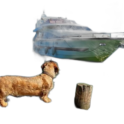 photorealistic, 3d render, fluffy, dog, stands, wooden, dock, gazing transparent PNG cut-out