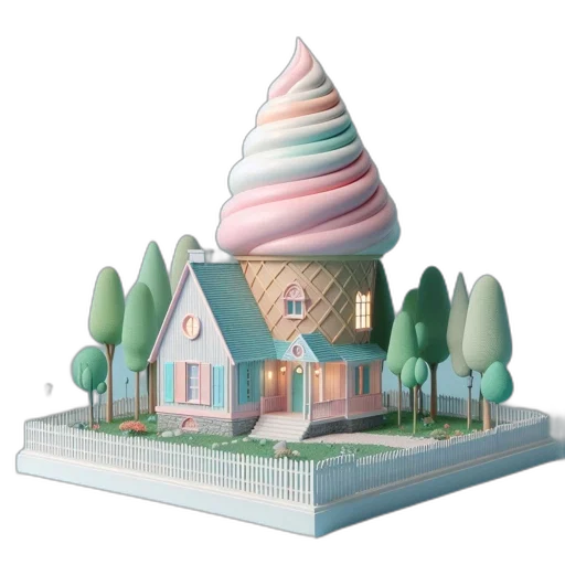 hat, building, food, 3d render, concept art, vaporwave, photorealistic, forest transparent PNG cut-out
