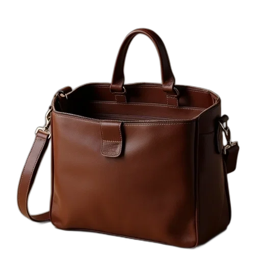 3d render, earth tones, bag, chocolate, brown, leather, open, flap transparent PNG cut-out