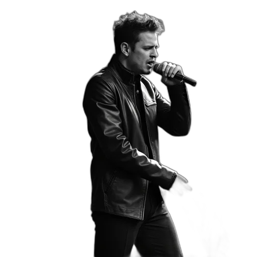 jacket, photorealistic, black, white, image, man, microphone, wearing transparent PNG cut-out