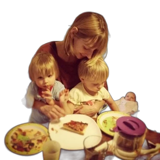 food, photorealistic, oil painting, woman, two, children, table, pizza transparent PNG cut-out