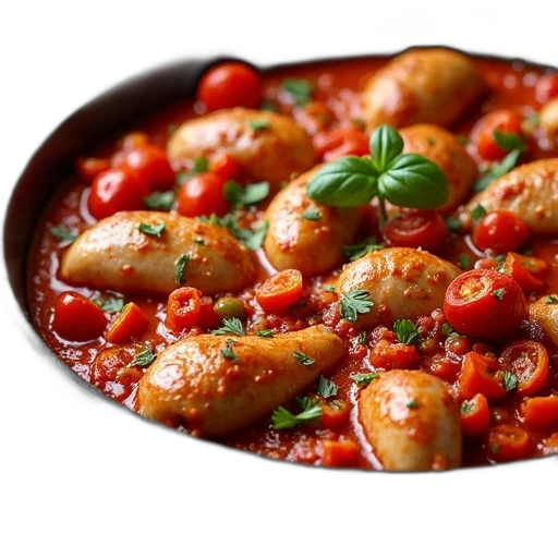 food, photorealistic, 3d render, hearty, dish, chicken, sausage, peppers transparent PNG cut-out