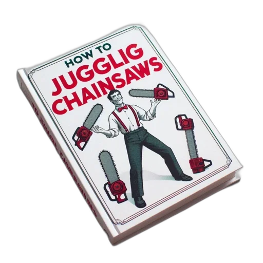 illustrated, book, cover, displays, gentleman, juggling, two, chainsaws transparent PNG cut-out