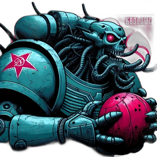 comic book art, concept art, imposing, turquoise-armored, robot, menacing, visage, wields transparent PNG cut-out