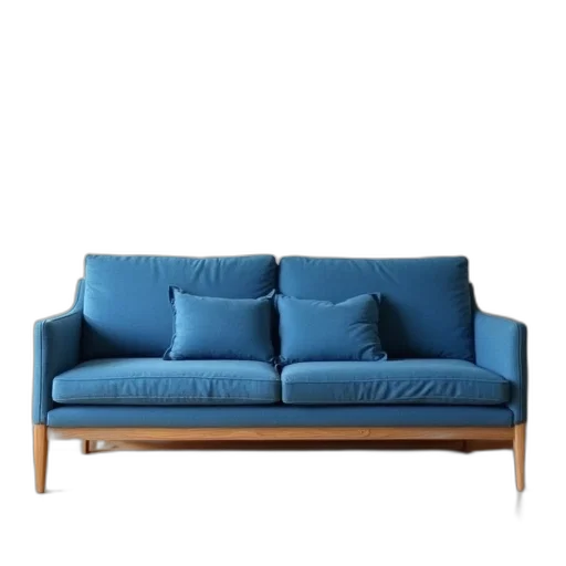 furniture, 3d render, photorealistic, blue, modern, sofa, wooden, frame transparent PNG cut-out