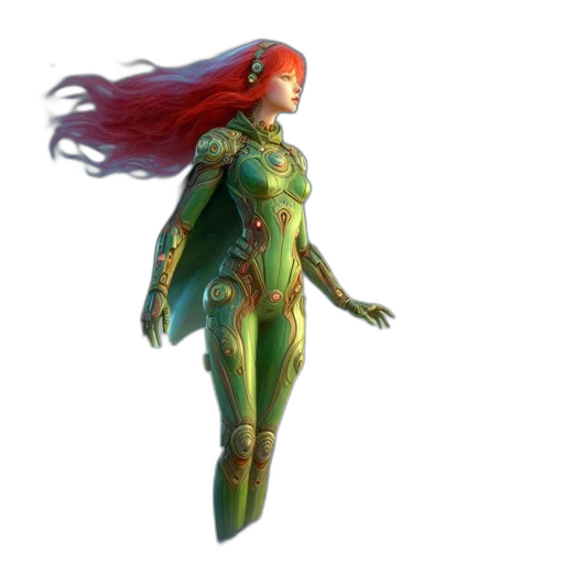 concept art, 3d render, fantasy art, comic book art, green, woman, reflective, suit transparent PNG cut-out