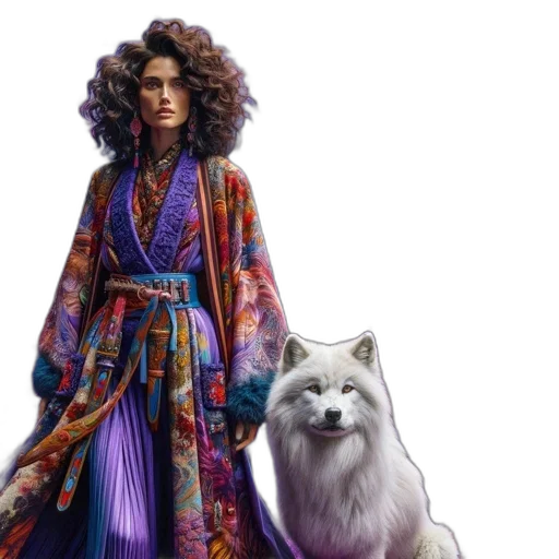 fantasy art, concept art, photorealistic, woman, colorful, robe, stands, wolf transparent PNG cut-out