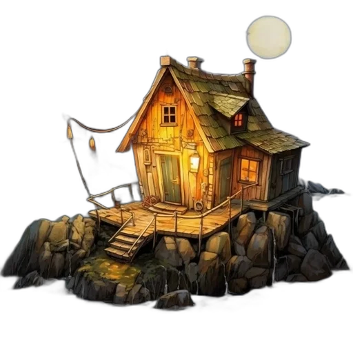 building, concept art, 3d render, fantasy art, pixel art, night, fog, forest transparent PNG cut-out