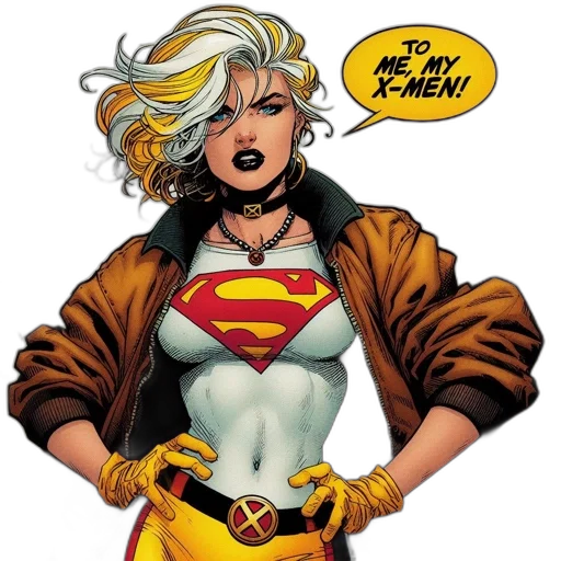 comic book art, concept art, confident, blonde, comic, heroine, wears, superman transparent PNG cut-out