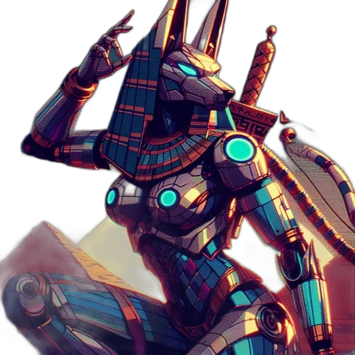 robot, weapon, mask, staff, concept art, cyberpunk, fantasy art, pixel art transparent PNG cut-out