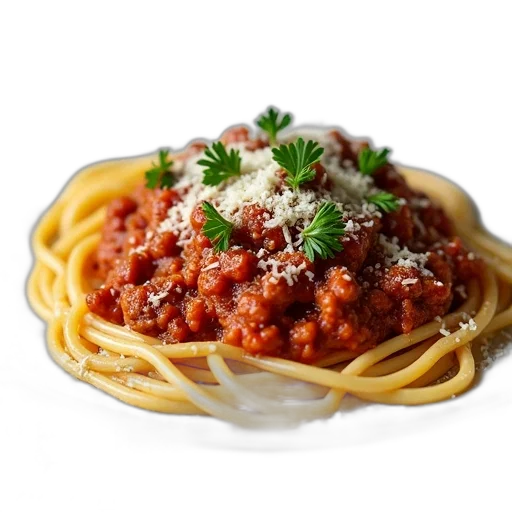food, animal, 3d render, photorealistic, plate, spaghetti, meat, sauce transparent PNG cut-out
