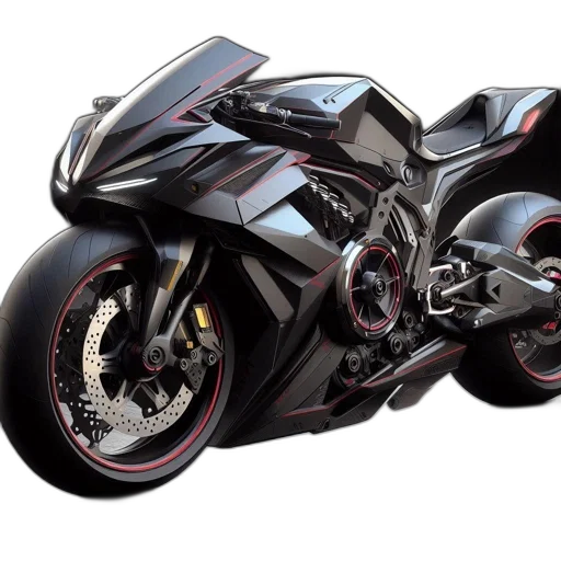 photorealistic, 3d render, concept art, black, red, futuristic, motorcycle, large transparent PNG cut-out