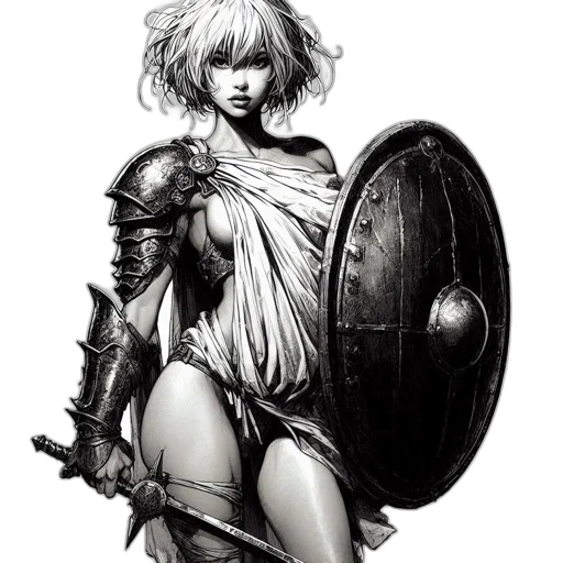 sword, weapon, dress, fantasy art, comic book art, concept art, pencil sketch, monochrome transparent PNG cut-out