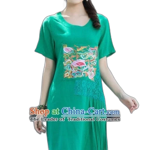 dress, green, image, shows, woman, wearing, floral, embroidery transparent PNG cut-out