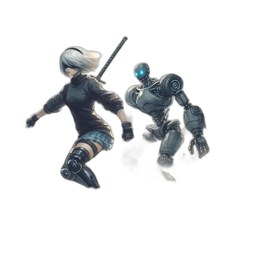 robot, weapon, sword, 3d render, concept art, fantasy art, pixel art, underwater transparent PNG cut-out