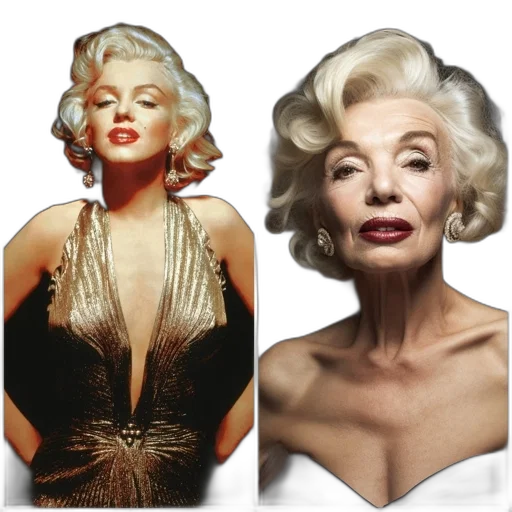 photorealistic, side-by-side, comparison, displays, woman, transition, youthful, glamorous transparent PNG cut-out