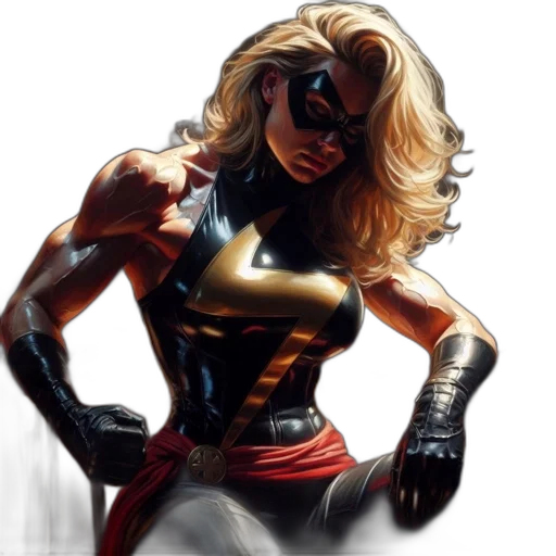 comic book art, concept art, photorealistic, cartoon, blonde-haired, female, superhero, dressed transparent PNG cut-out