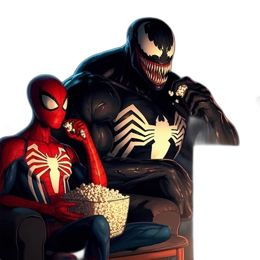mask, comic book art, concept art, 3d render, spider-man, venom, sit, side-by-side transparent PNG cut-out