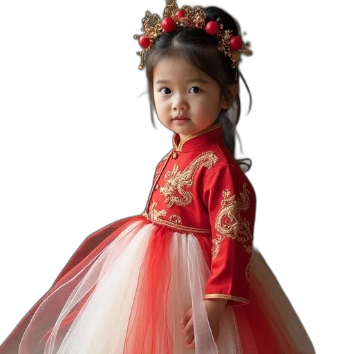 dress, crown, photorealistic, red, young, girl, wearing, golden transparent PNG cut-out