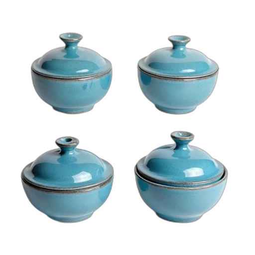3d render, blue, pastel, set, four, ceramic, bowls, textured transparent PNG cut-out