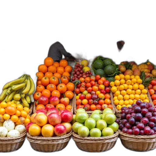 food, photorealistic, colorful, vibrant, display, various, fruits, arranged transparent PNG cut-out