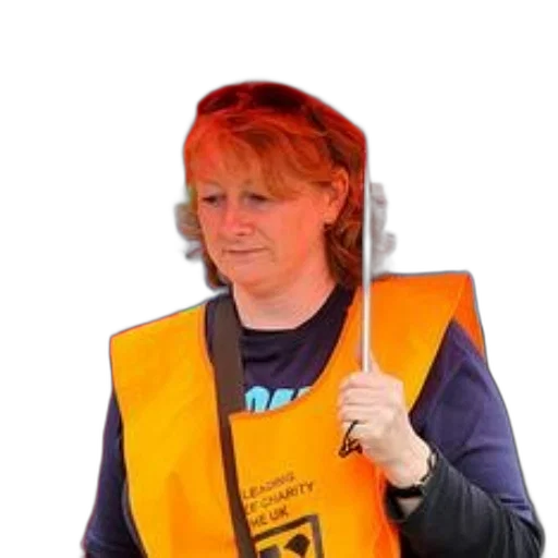 staff, jacket, weapon, woman, orange, vest, holds, red transparent PNG cut-out