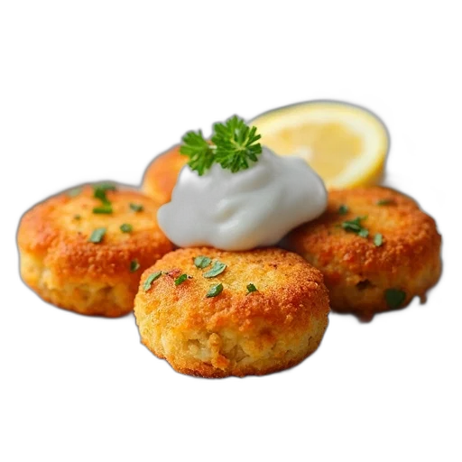 food, photorealistic, plate, salmon, croquettes, dollop, white, sauce transparent PNG cut-out