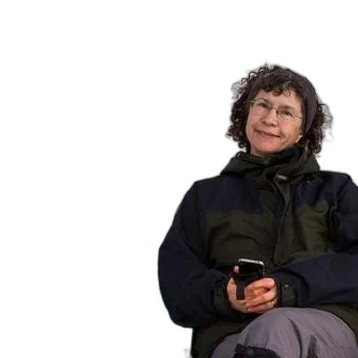 jacket, staff, woman, black, sits, blue, bench, against transparent PNG cut-out