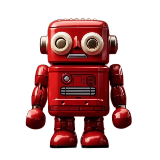 robot, 3d render, concept art, pixel art, red, toy, gold-colored, pupils transparent PNG cut-out