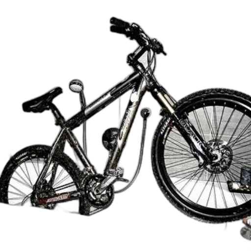 photorealistic, 3d render, black, mountain, bike, mud, splatters, placed transparent PNG cut-out