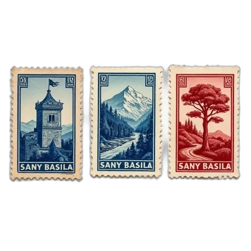 collection, three, vintage, stamps, featuring, different, designs, left transparent PNG cut-out