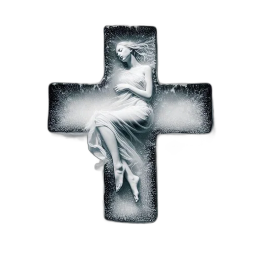woman, ethereal, gown, resting, within, translucent, cross-shaped, structure transparent PNG cut-out