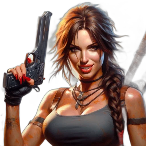 weapon, comic book art, fantasy art, concept art, pixel art, confident, woman, gray transparent PNG cut-out