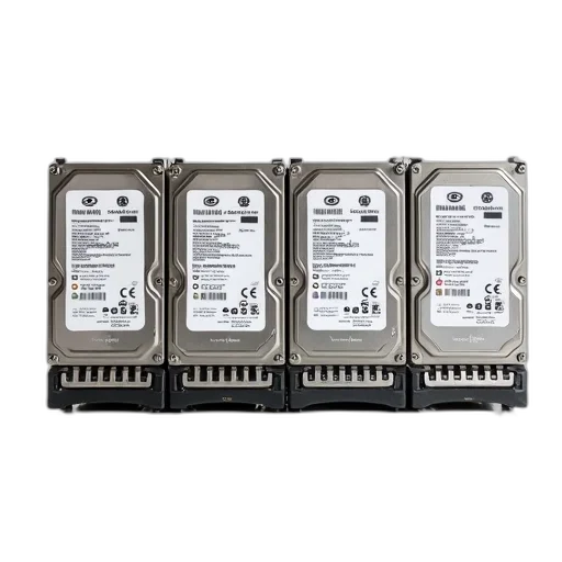 row, four, computer, hard, drives, displayed, white, background transparent PNG cut-out