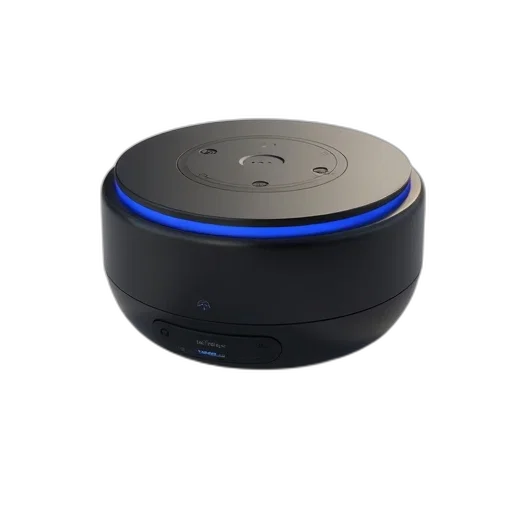 robot, 3d render, sleek, modern, black, wireless, speaker, blue transparent PNG cut-out