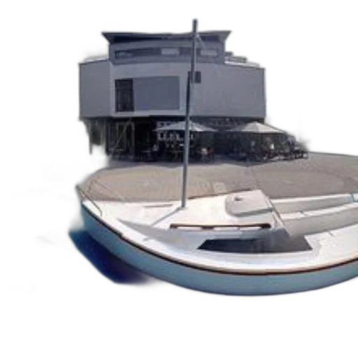 3d render, photorealistic, concept art, modern, building, sailboat, docked, front transparent PNG cut-out