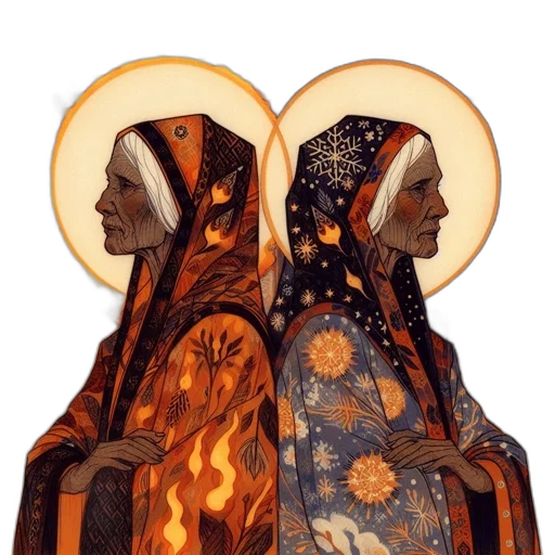concept art, fantasy art, fire, golden, earth tones, two, elderly, figures transparent PNG cut-out