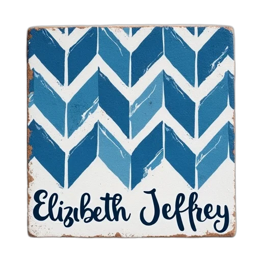 blue, white, geometric, patterned, coaster, names, elizabeth, jeffrey transparent PNG cut-out