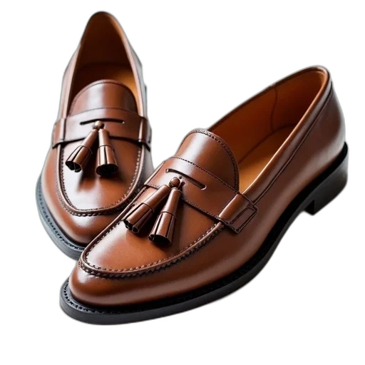 shoes, photorealistic, pair, brown, loafers, tassel, detail, left transparent PNG cut-out
